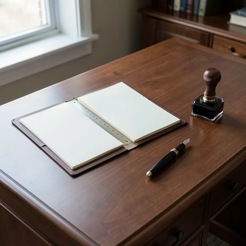Dossier de succession ouvert sur un bureau de notaire, stylo plume et chemise cartonnée
