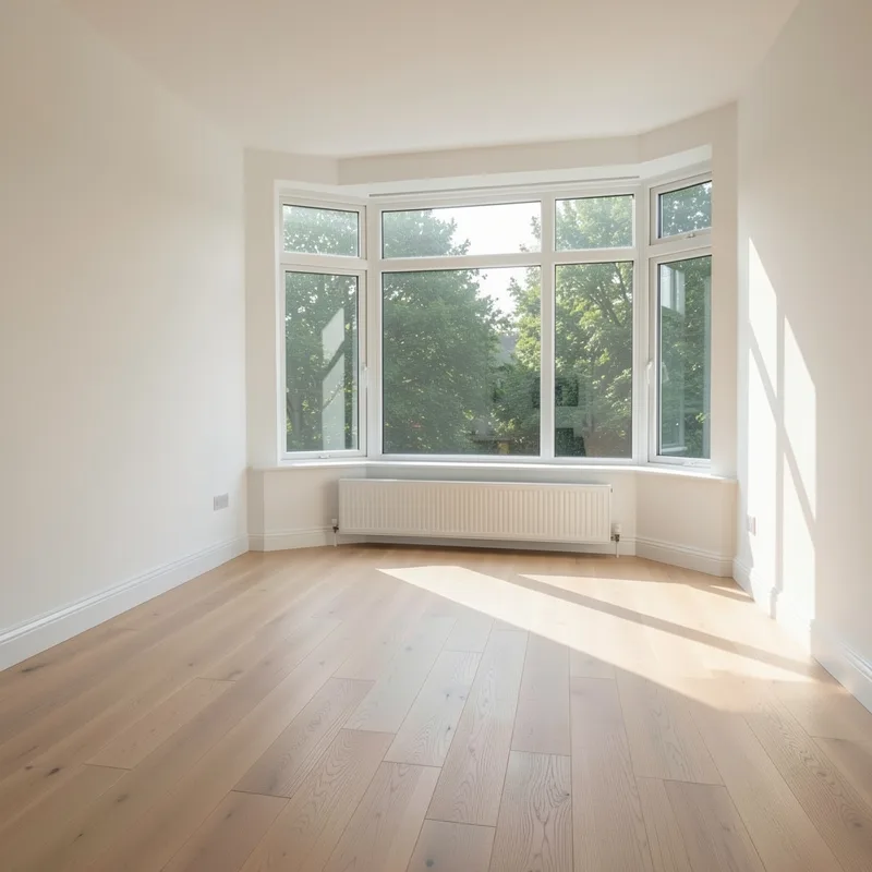 Trois-pièces lumineux d’une résidence récente, séjour vide et parquet clair au petit matin