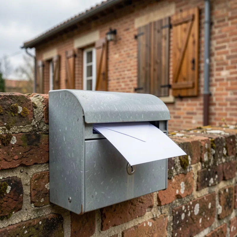 Boîte aux lettres et courrier administratif devant une maison de bourg en briques