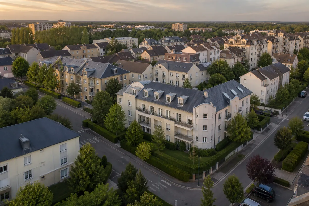Vue aérienne des quartiers résidentiels de la ville nouvelle de Marne-la-Vallée