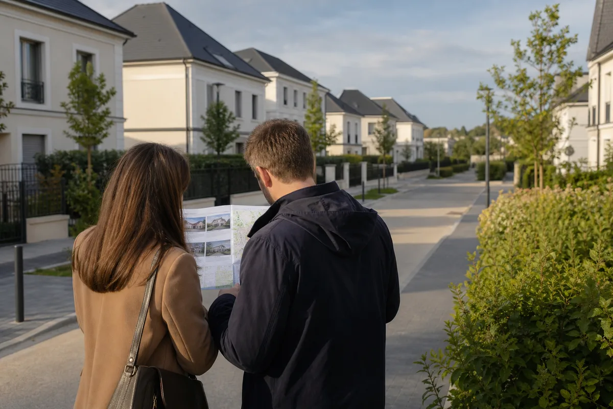 Couple examinant des annonces immobilières et un plan de quartier