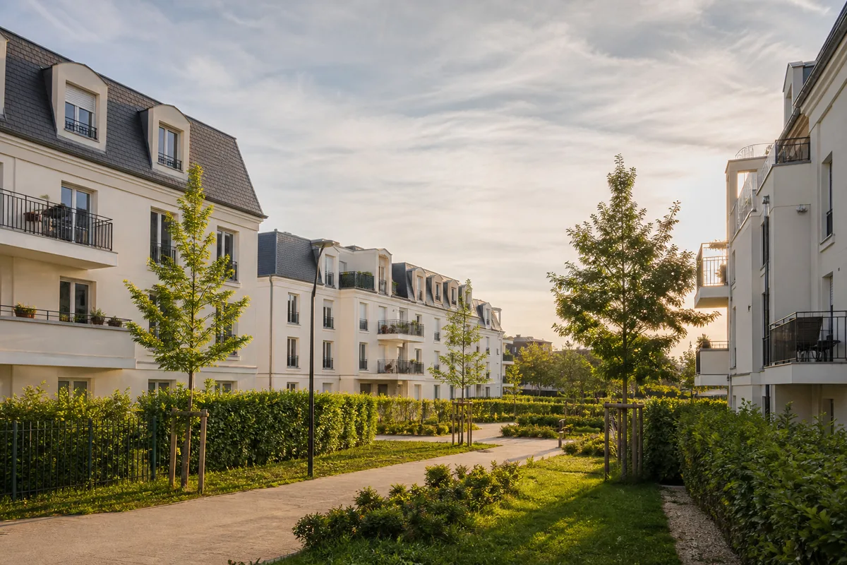 Immeubles récents et espaces verts dans un quartier de Bussy-Saint-Georges