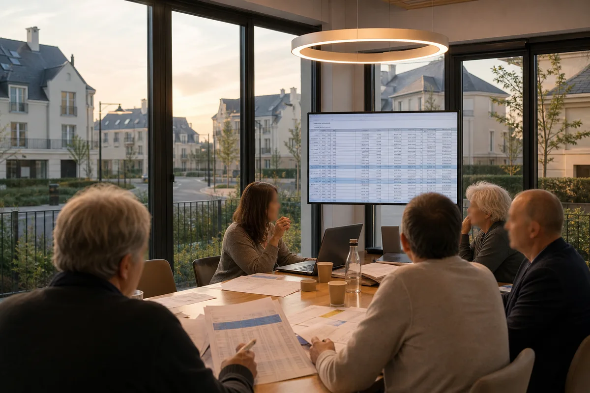 Réunion d&rsquo;assemblée générale de copropriété autour d&rsquo;un tableau de charges