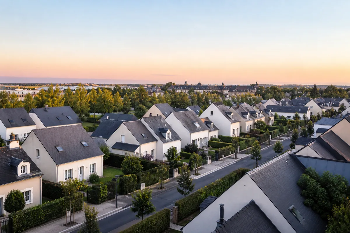 Vue des toits d&rsquo;un quartier résidentiel de Magny-le-Hongre au petit matin