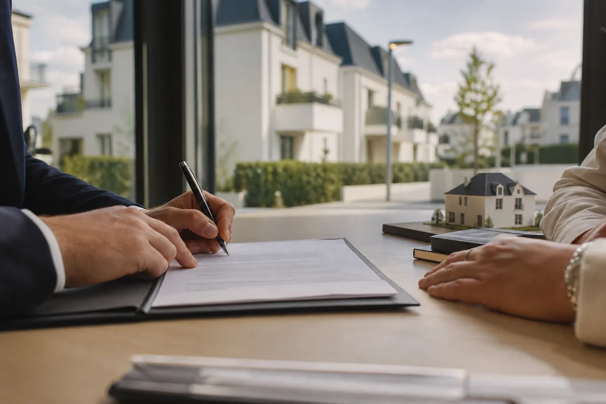 Signature d&rsquo;un mandat de vente sur une table de bureau claire