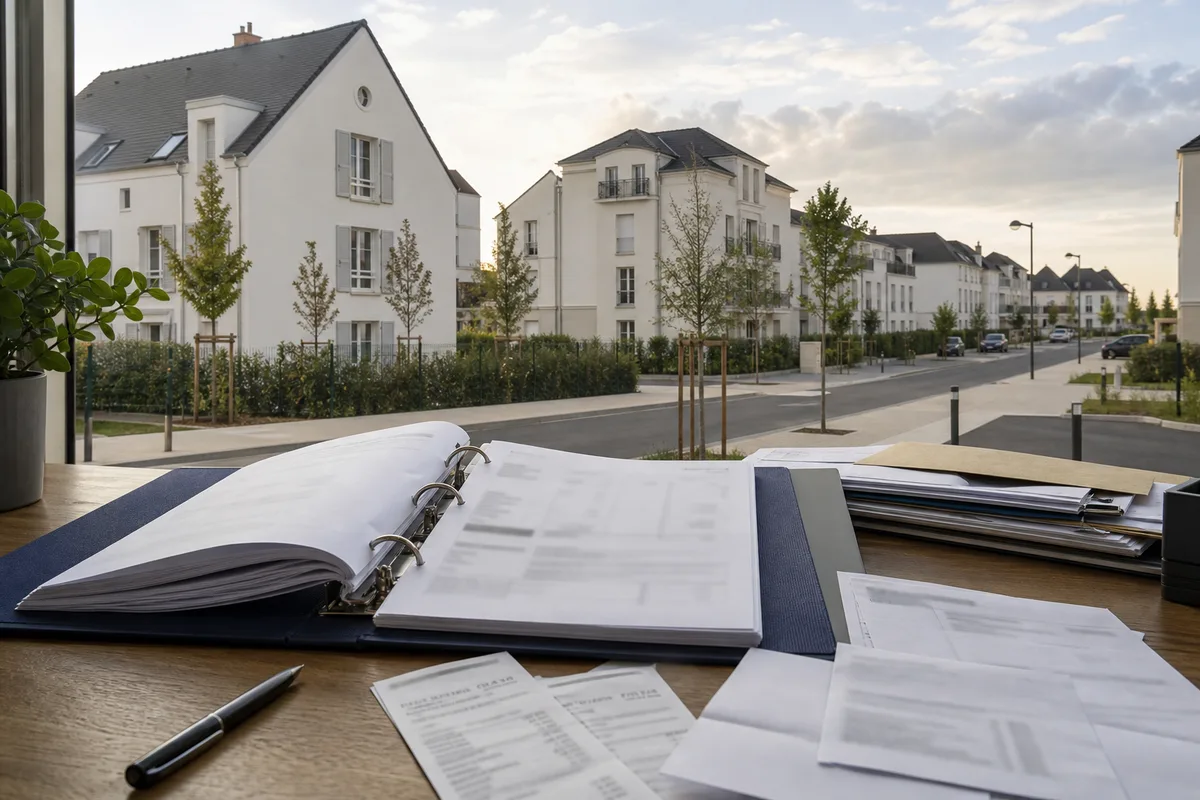 Dossier de gestion locative ouvert sur un bureau avec des quittances