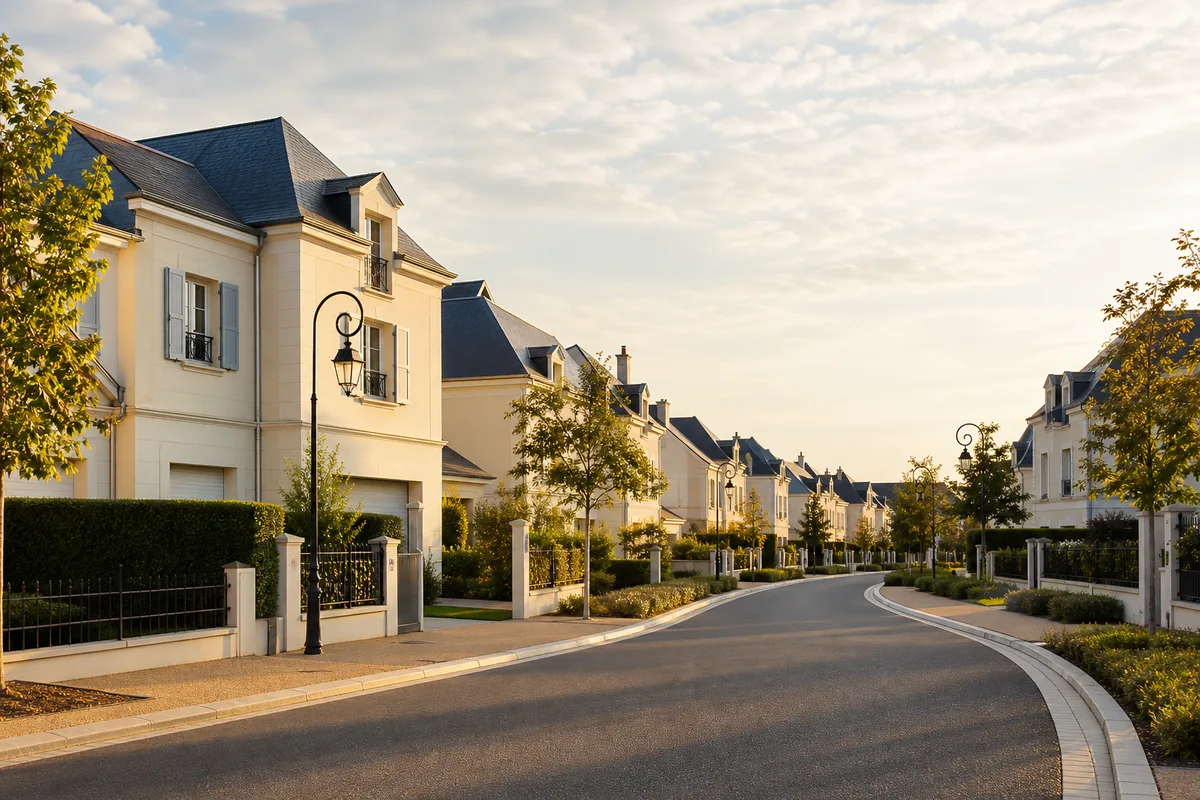 Toitures de maisons de ville et immeubles récents du Val d'Europe vus depuis les hauteurs, sous un ciel dégagé