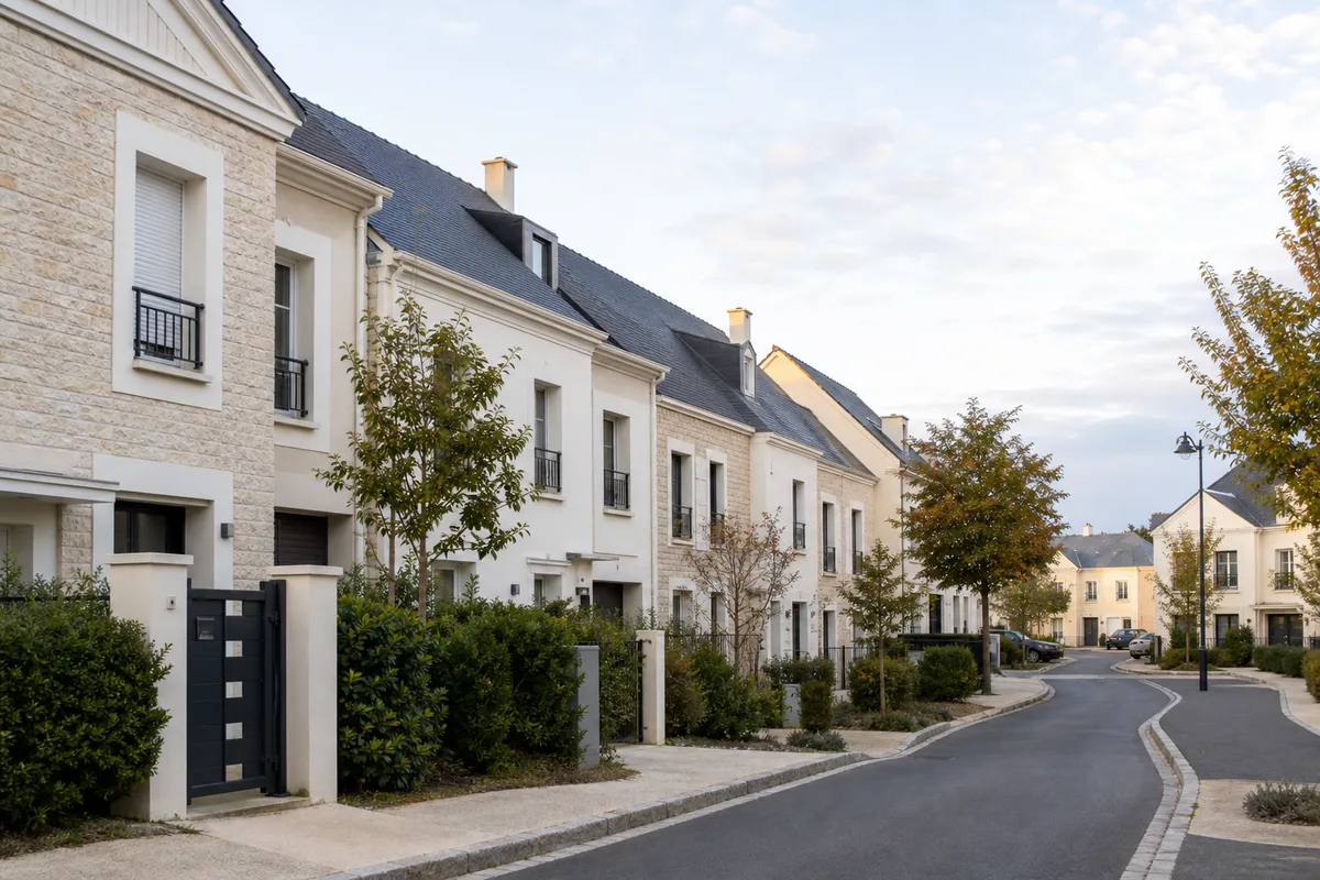 Rue résidentielle bordée de maisons de ville récentes à Magny-le-Hongre