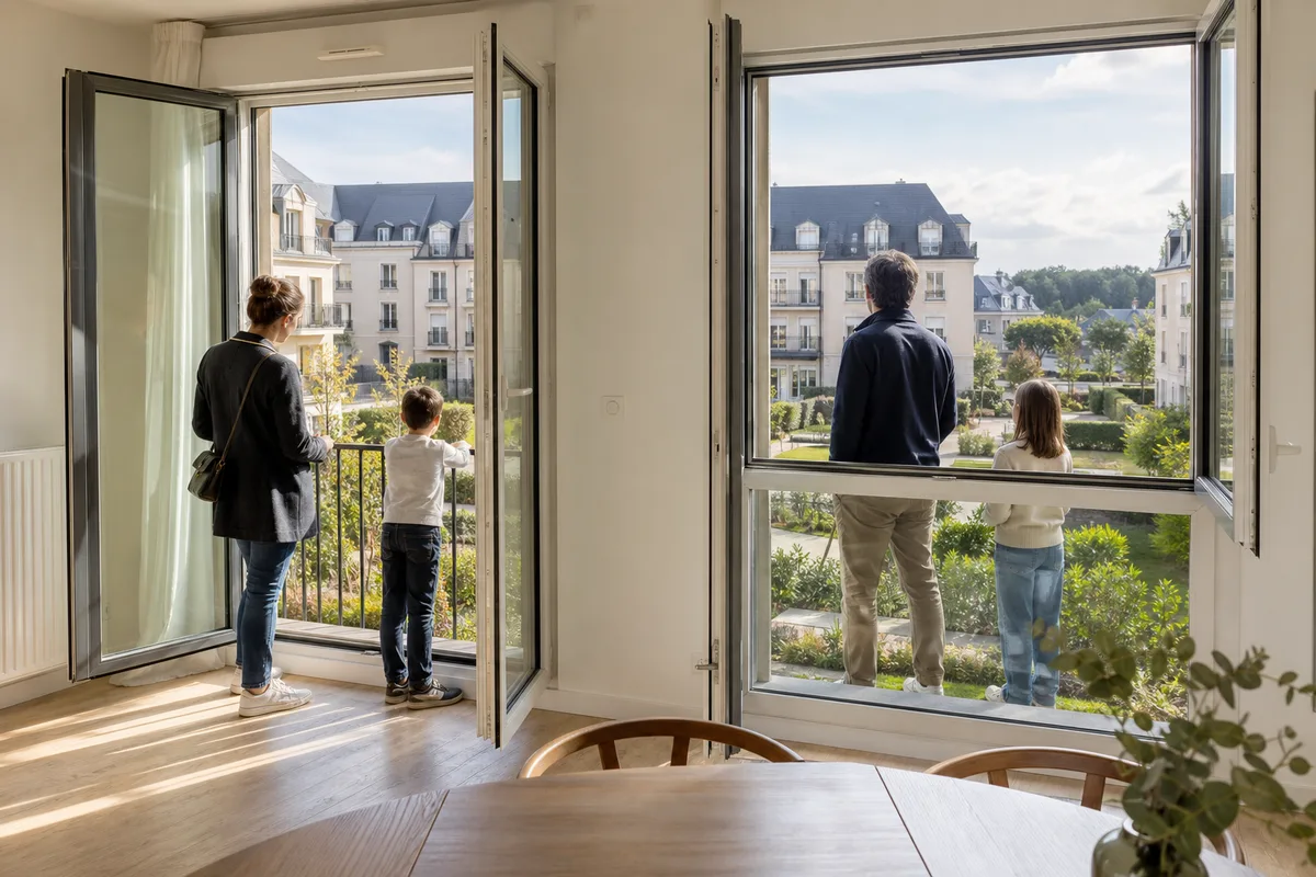 Famille visitant un appartement lumineux avec vue sur un jardin collectif