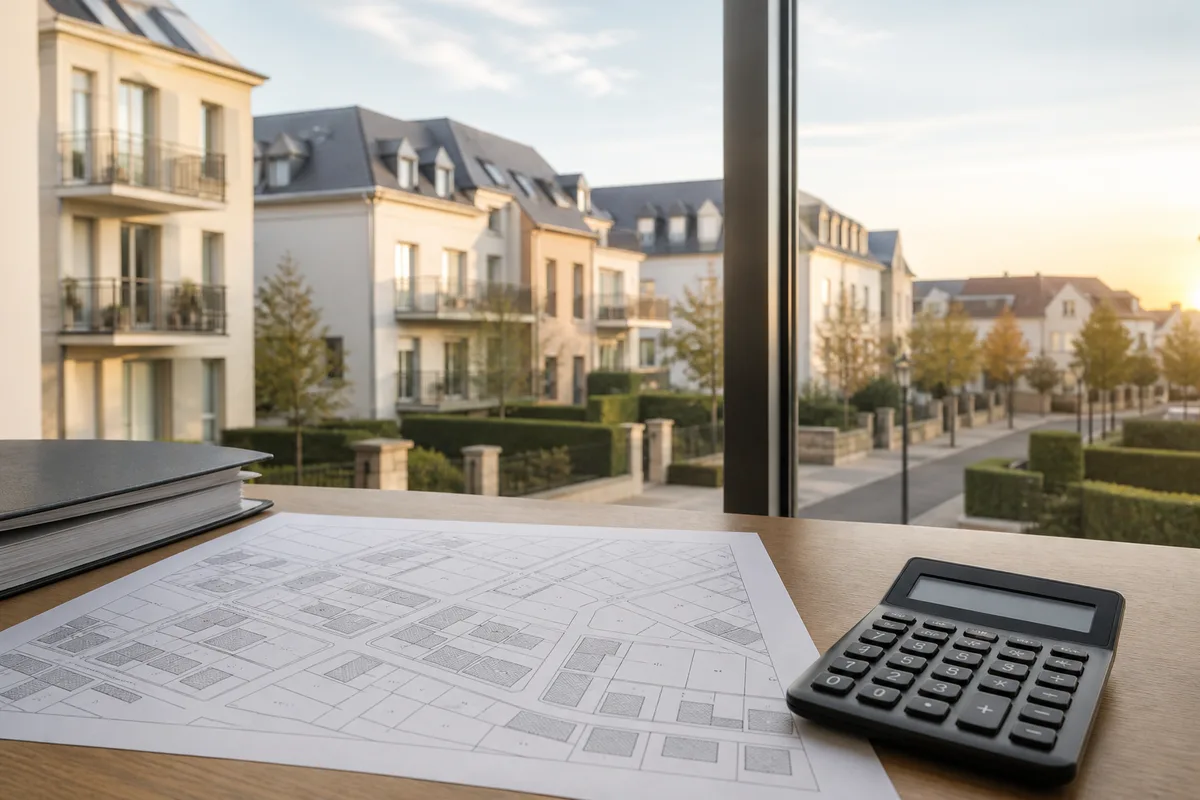 Plan cadastral et calculatrice sur un bureau